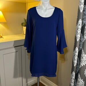 Navy chiffon dress with fluted 3/4 length sleeves